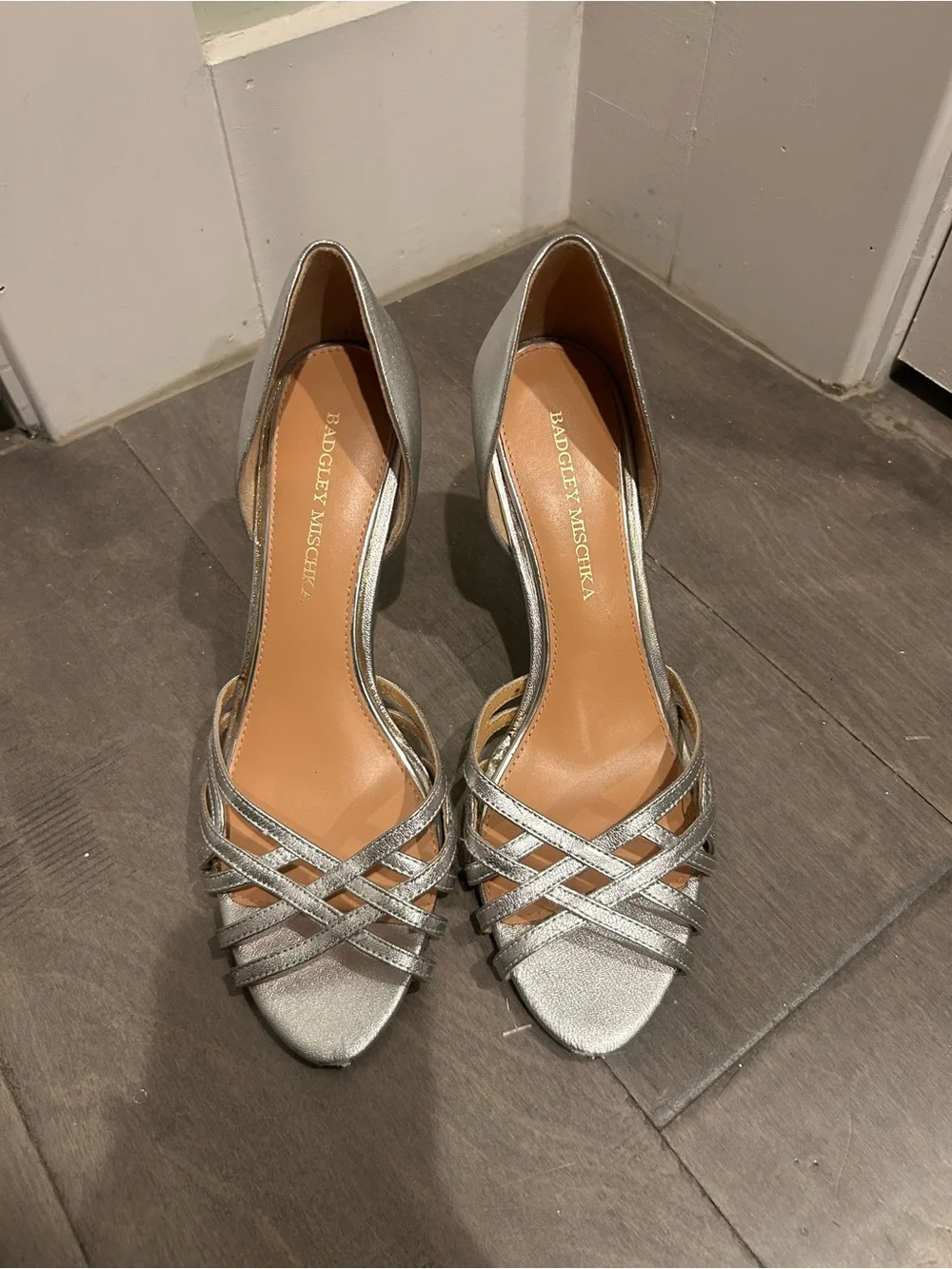 Badgley Mischka Silver Crisscross Open-Toe Heels